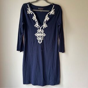 Lilly Pulitzer Navy blue tunic dress small Pima cotton 3/4 sleeve embroidered